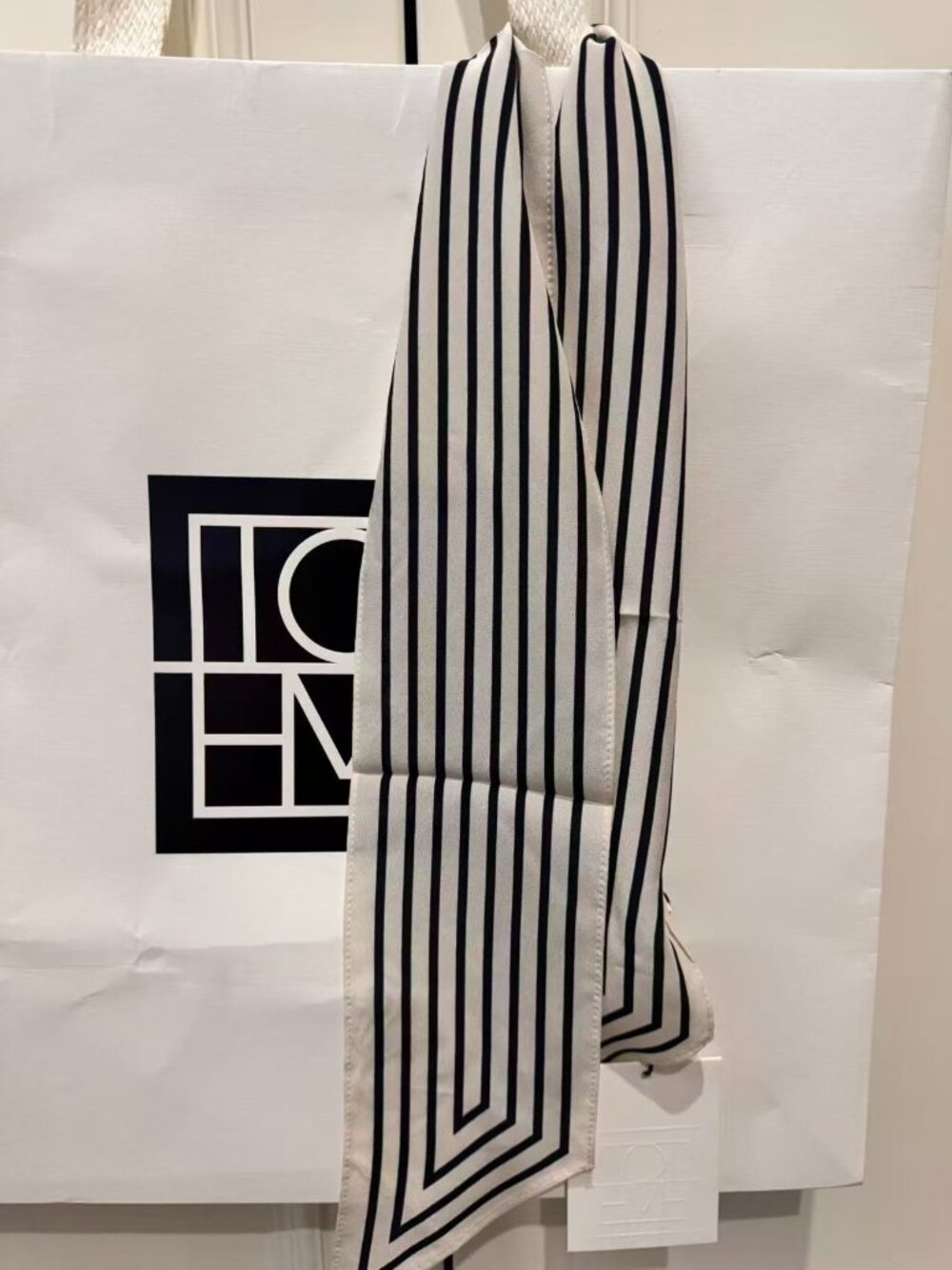 Toteme Black White Chevron Stripe Slim Silk Scarf